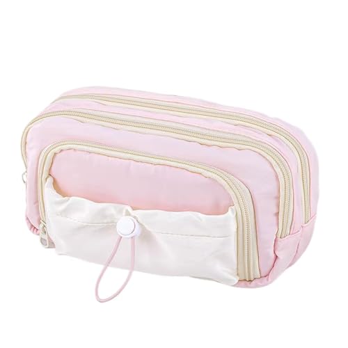 Image of Canvas School Bag Pencil Case, 3 Layer 6 Compartment Large Capacity, Aesthetic Pencil Pouch for Stationary, Cute Stationery for Kids, Pencil Case for Girls & Boys (Dori-Pink)