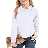 Girls' Polo Shirts Long Sleeve School Uniform Soft Classic Collar Top Girls Fashion (White,9-10 Years)