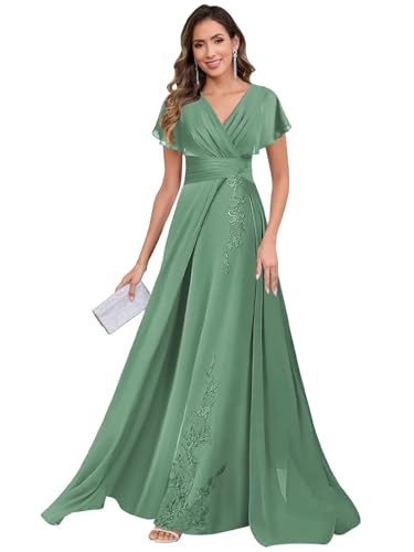 Long Lace Mother of The Bride Dresses for Women with Sleeves Chiffon V Neck Wedding Guest Dress