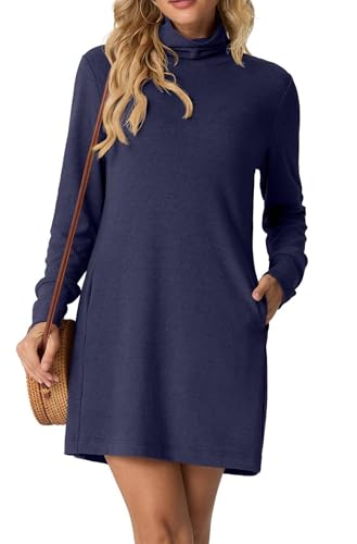 GRECERELLE Pulloverkleid Damen Winter Herbst Langärmliges Rollkragen-Minikleid Strickkleid mit Taschen, Elegantes Basic für Alltag | Knielang...