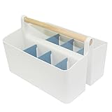 Large Portable Caddy Tote with Handle Craft Storage Organizer Plastic Storage Bin Art Supply Storage Organizer Basket with Adjustable Divider for Colored Pencils, Markers, Art Supplies (White+Blue)