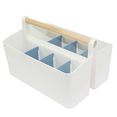 Large Portable Caddy Tote with Handle Craft Storage Organizer Plastic Storage Bin Art Supply Storage Organizer Basket with Adjustable Divider for Colored Pencils, Markers, Art Supplies (White+Blue)