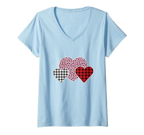 Femme Mélange de Trois Motifs cœurs imprimé léopard et Plaid Buffle T-Shirt avec Col en V