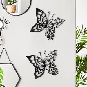 Image of 2PCS Butterfly Decoration Wall Art Boho Wall Home Decor Hanging Appearance Wall Decor Metal Hanging Butterfly Decor Flower Wall Art for Bedroom Living Room Home Wall,Black(Large)