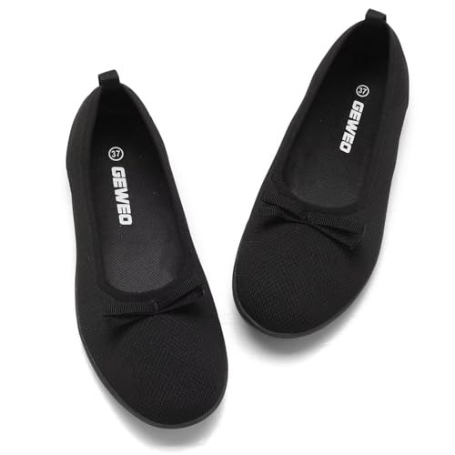 Geweo Damen Ballerinas Elegant Slip On Knit Kleid Schuhe Barfußschuhe Barfuss Ballerina Flache Schuhe Runde Zehe Slippers Walking Ballerinas für Frauen Bequem Weich Hausschuhe, Schwarz 39 EU