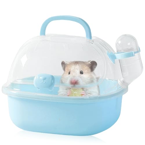 Transportbox Hamster avec bouteille d'eau, 20 x 18 x 19 cm, portable, pour petits animaux, cage de transport avec fentes d'aération, boîte de voyage, cage...