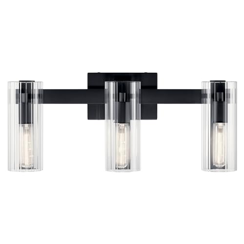Image of Kichler Jemsa 3-Light Bathroom Vanity Light Fixture, Modern Wall Mount Light with Clear Fluted Glass in Black for Bathroom or Powder Room (9.75 inch x 22.75 inch), 55168BK