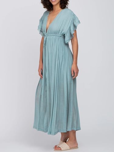 Image of R.Vivimos Maxi Dresses for Women 2026 Summer Short Sleeve V Neck Drawstring Tie Boho Loose Flowy Long Dresses with Pockets