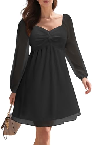 Image of Women Black Graduation Dresses Long Puff Sleeve Sweetheart Neckline Chiffon Aline Short Dress
