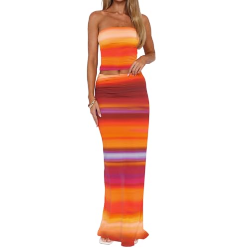 Image of Goafuliy 2 Piece Skirt Sets for Women Summer, Floral Sleeveless Tube Top Bodycon Maxi Skirts Y2k Vacation Going Out Outfits