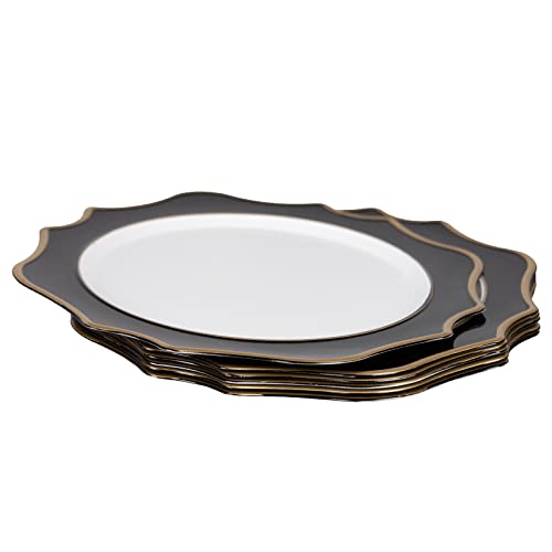 Maoname 13" Black Charger Plates Set Of 6, Scallop Plate Chargers With Gold Rim, Round Chargers For Dinner Plates, Plastic Chargers For Table Setting, Wedding Decor #TOP6