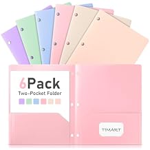 Timart Folders with Pockets 3 Hole Punched-6 Pack, 2 Pocket Heavy Duty Plastic Pocket Folders for 3 Ring Binder, Fit Letter Size File Folder for School Office Pastel
