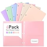 Timart Folders with Pockets 3 Hole Punched-6 Pack, 2 Pocket Heavy Duty Plastic Pocket Folders for 3 Ring Binder, Fit Letter Size File Folder for School Office (Pastel)