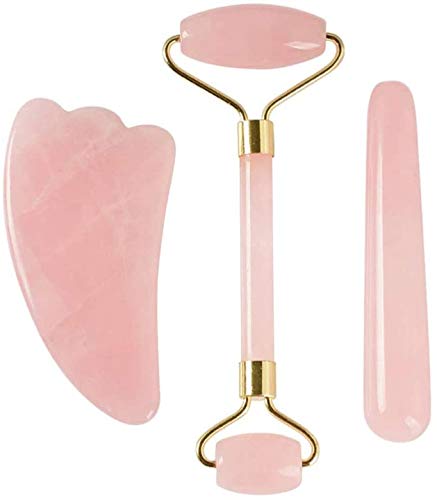 Pinkcity Creation-Handmade Natural Rose Quartz Stone Facial Massager Rollr for Facial Lifting and Tightening Massage, Anti-Wrinkles, Anti-Aging Gua Sha Wrinkles Removal Massage, Skin Care