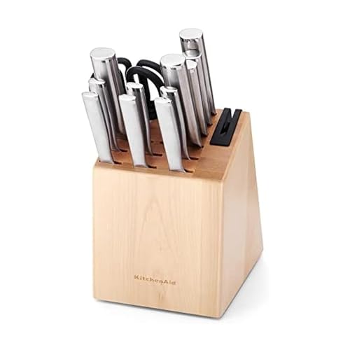 Image of KitchenAid Gourmet 14 piece Forged Stainless Steel Knife Block Set with Built in Knife Sharpener, Japanese Stainless Steel, Sharp Kitchen Knife Set with Block, Birchwood