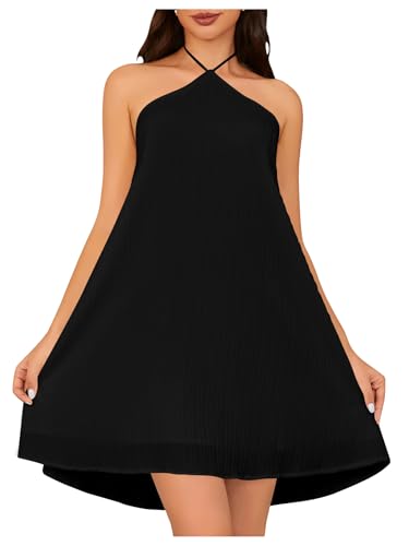 Image of OYOANGLE Women's Summer Beach Dresses Sleeveless Halter Tie Back Solid Backless Flared Short Dress