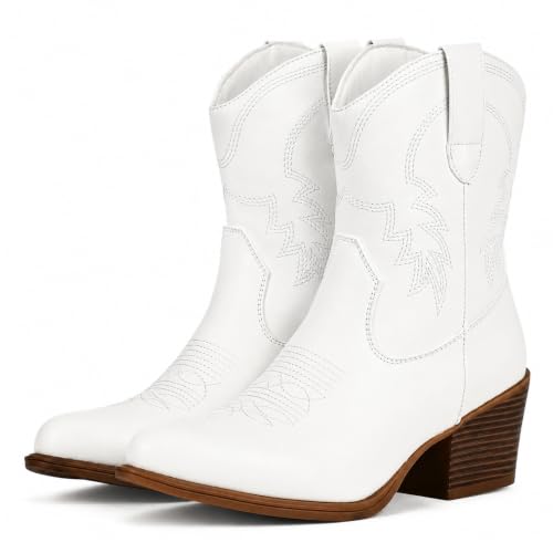 Image of IXU Cowboy Boots for Women Ankle Cowgirl Booties Wide Mid Calf Pointed Toe Western Boots Short Chunky Classic Booties