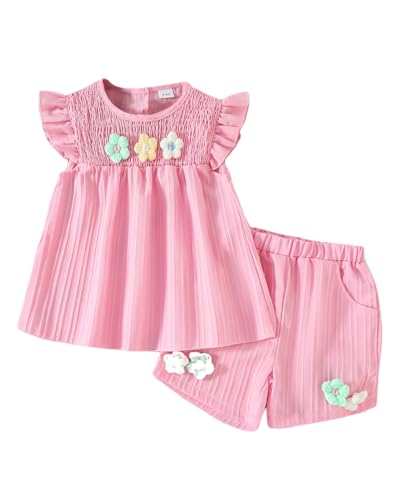 JiAmy Vêtements d'été pour bébé fille - Imprimé floral - Haut à manches courtes + short avec poches - Ensemble de vêtements pour bébé de 9 mois à 4 ans, Rose, 3-4 ans