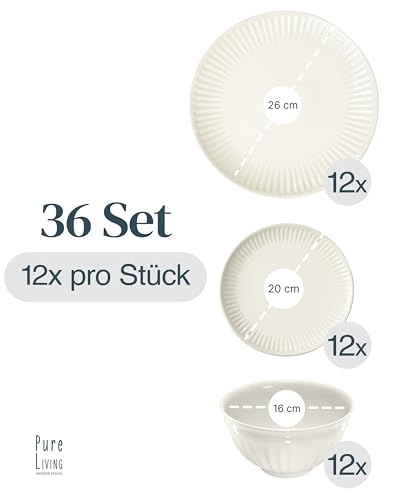 Steingut Geschirrset 12 Personen Hygge 36 tlg. TESTSIEGER, Traumhaftes Skandinavisches Steingut Geschirr Set, Schüssel- und Teller Set, Tafelservice 12 Personen, Geschirrsets Pure Living in Beige