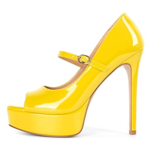 Image of SAMMITOP Women's Peep Toe High Heels Platform Stiletto Pumps Patent Mary Jane Heels 5.5 inch Party Wedding Dress Shoes