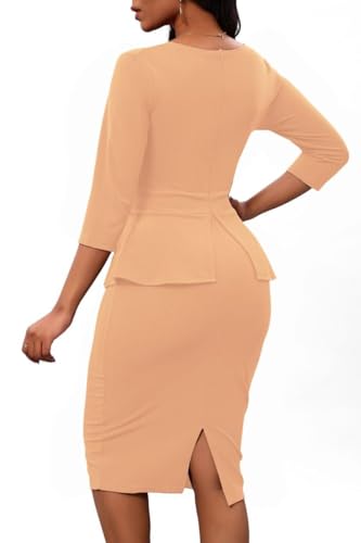 Perzeal Womens Bodycon Midi Dresses Crewneck Ruffle High Waist Wear To Work Business Cocktail Party Pencil Ladies Dress Peach Fuzz Large thumb #3