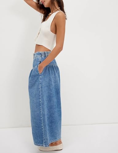 Women's Wide Leg Jeans High Waisted Baggy Cropped Denim Pants with Pleated Ruffles & Pockets3