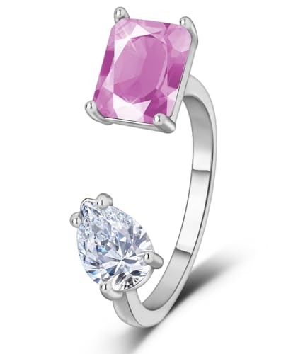 Toi-Et-Moi-Ring-925-Sterling-Silver-Plated-Adjustable-Rings-for-Women-Double-Stone-Ring-Emerald-Cut-Pear-Cut-CZ-Wedding-Eternity-Ring-Jewelry-Gifts-Oct-Pink-Tourmaline