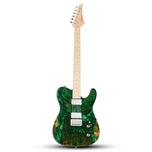 Leo Jaymz Stabilized Burl Wood Electric Guitar 24 Frets Maple Neck & Fingerboard Double Humbucker Pickups Chrome Hardware Matte Neck & Gloss Body (Green)