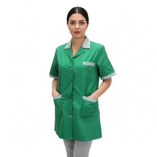 AJM STORE Bata de trabajo para mujer, mangas cortas, bolsillos múltiples, acabados a rayas, maestros, billistas, Verde, M