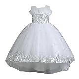 [JETSO 4U] 子供 キッズ ドレス ピアノ 発表会 ドレス 刺繍 リボン 女の子 演奏会 子ども ドレス 110-160cm フォーマル 入園式 誕生日 花嫁介添人 結婚式 ドレス (1-ホワイト-150)