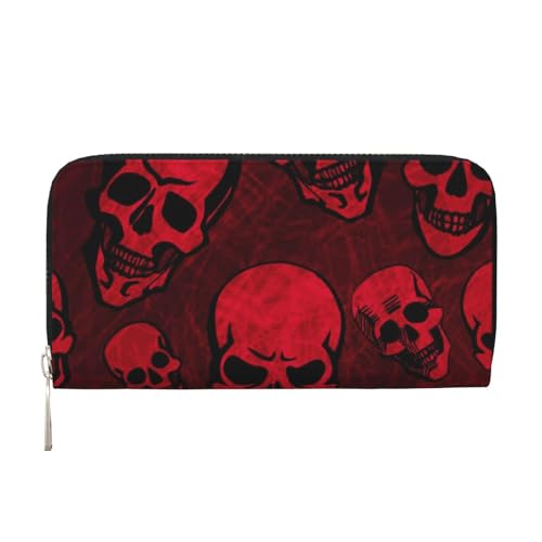 Portefeuille long en cuir noir imprimé crânes rouges