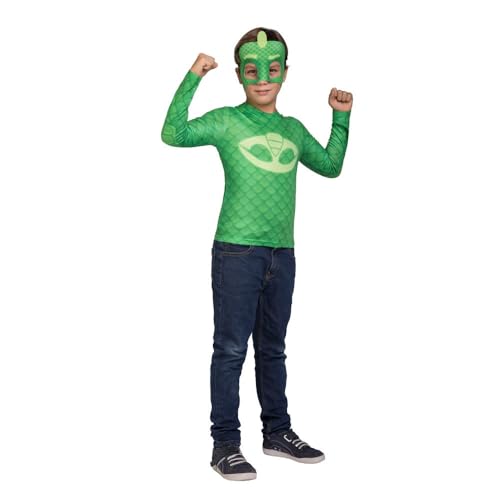 My Other Me - Disfraz de Gekko PJ Masks para niño verde con camiseta y máscara talla 7-8 años. Perfecto para pequeñas aventuras reptilianas en casa