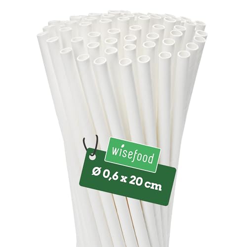 Wisefood® Strohhalme Papier [20 cm Ø 6] Party Deko [Weiß] alternative Strohhalme Plastik-frei für Geburtstag Hochzeit DIY [100 Stk.] für Cocktail Getränke Cola Energy Drink Wasser Limo BIO