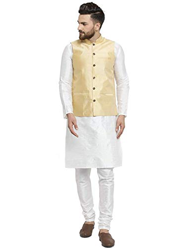 Kurta ensemble en soie avec veste Nehru blanc et or pour mariage élégant