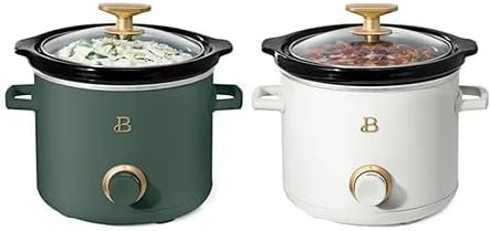Two Beautiful by Drew Barrymore 2-Quart Slow Cookers, one in thyme green and one in white icing, with glass lids and gold accents.