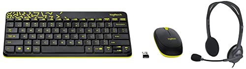 Image of Logitech MK240 Nano Wireless USB Keyboard and Mouse Set, 12 Function Keys 2.4GHz Wireless, 1000DPI, Spill-Resistant Design, PC /Mac,Black /Chartreuse Yellow & H111 Wired On Ear Headphones With Mic Black