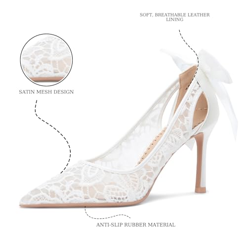 Women's Pointed Mesh Lace Stilettos Sexy Pumps with Bows Elegant Slip-On Kitten Heels Closed Toe Hollow Wedding Dress High Heels Suitable for Work Parties4