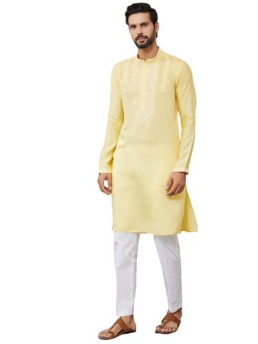Image of See Designs Men's Long Sleeve Mandarin Collar Side Slit Cream Embroidered Chanderi Silk Straight Kurta with Pyjama