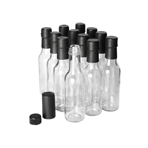 FastRack Woozy Bottle 5 oz (Pack of 12) | Small Hot Sauce Bottles for Canning | Empty Clear Glass Sauce Bottle with Black Plastic Caps & Shrink Sleeves | Leakproof Cap - No Dripper Included