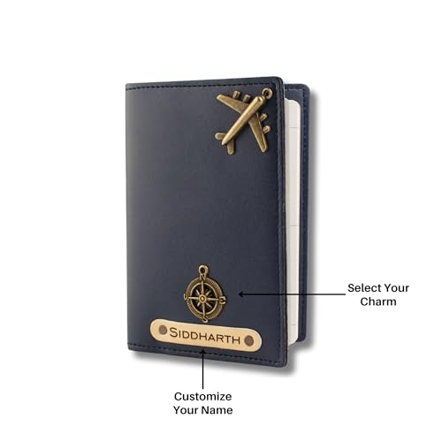 Image of AICA Personalised Name & Charm Leather Passport Cover Holder for Men & Women (NavyBlue) | Birthday Gifts for Men