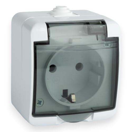 Tomacorriente individual con vidrio ahumado, tapa abatible, 230 V, 16 A, IP44, enchufe de superficie horizontal para ambientes húmedos, enchufe de seguridad con tomacorriente para ambientes húmedos
