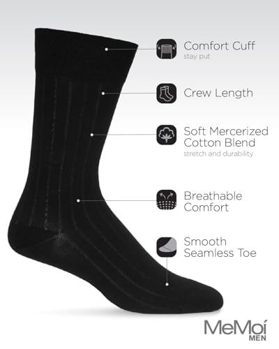 MeMoi Wide Ribbed Black Mens Crew Socks, Mercerized Cotton Mens Dress Socks - Sizes 9-15, Pack of 33