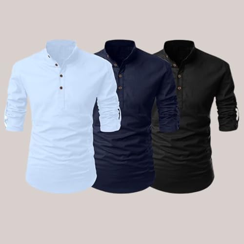 Image of FINIVO FASHION Combo of Men's Cotton Blend Solid Regular Fit Full Sleeve Straight Short Kurta Shirt, Casual and Formal Wear