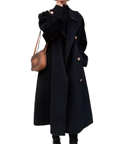 Sexyshine Women's Winter Double Breasted Long Pea Coat Notch Lapel Long Sleeve Wool Blend Trench Coat Overcoat