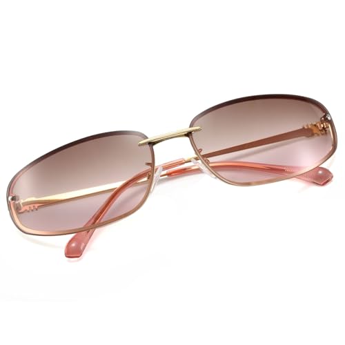 Hanj Oval 90s Retro Sunglasses for Women Trendy Vintage Wrap Around Y2K Sun Glasses UV400 Rimless Classic Shades (Tea Pink)