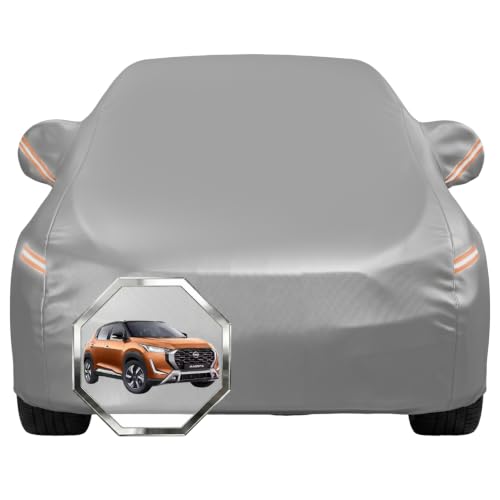 Image of Pivalo Car Cover for Nissan Magnite All Model & Years with Mirror Pocket 100% Waterproof Triple Stitched Bottom Elastic Dust, Heat & UV Resistant Full Body Protection (Grey with Highlighter)
