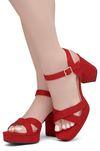 Image of Shoe Land Platform Heels for Women - 3 Inch Chunky Block Heeled Sandals, Square Open Toe, Ankle Strap Dressy Strappy High Heels for Wedding, Party & Evening Events