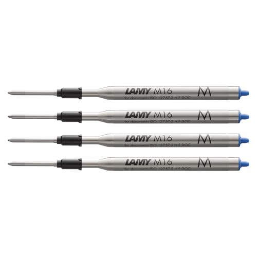 LAMY M16 4er Set Kugelschreiber-Großraummine aus Metall - Original Ersatzmine für alle Lamy Kugelschreiber Modelle - dokumentenecht - Strichbreite Mittel in Tintenfarbe blau