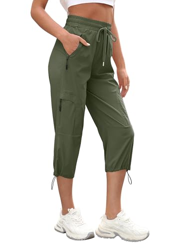 StylSense Caprihose Damen Sommer Casual 3/4 Hose Atmungsaktiv Outdoor Jogginghose Wanderhose Stretch Leichte Sommerhose mit Taschen（ Grün,M