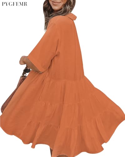 Image of PYGFEMR Women's Short Sleeve Babydoll Dress Button Down Dresses with Pockets